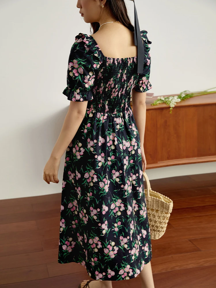 DUSHU 100% Cotton Floral Sweet Commuter Women Mid-Calf Dresses Bust Designed Puff Sleeve Female Long Dress Summer Floral Skirt