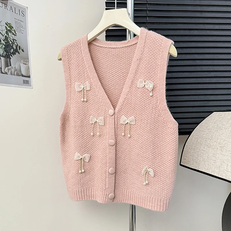 HELIAR Women Single-breasted Cardigan Bowknot Sweet Sweater Vest Sleeveless Knitted Vest Casual Office Waistcoat Autumn Winter