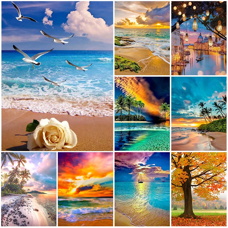 Sunset DIY Diamond Painting Seaside View Round Drill Mosaic Embroidery Home Decoration Handmade Cross Stitch Beach Landscape