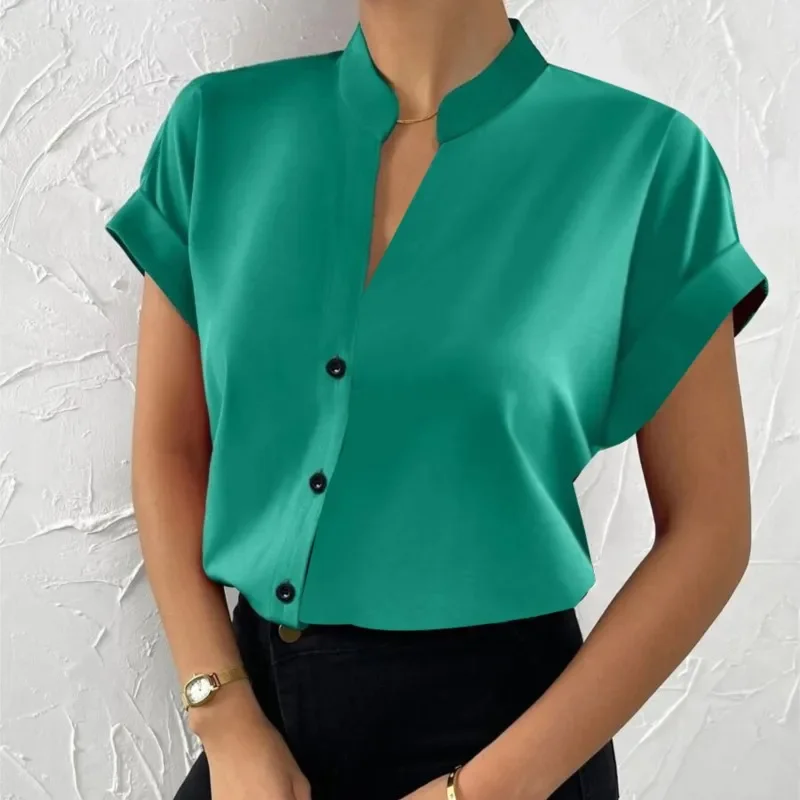 

2025 Summer V-neck Women's Shirt Casual Office Lady Solid Color Short Sleeve Single Breasted Elegant Women Blouse Femme Blusas