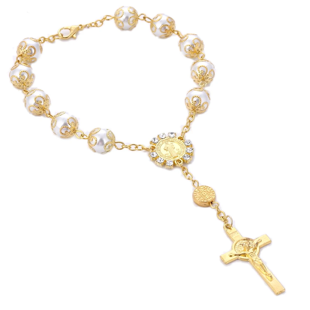 

Christian Cross Bracelet Artificial Pearl Rosary Bracelet Jewelry for Women and Girls( )