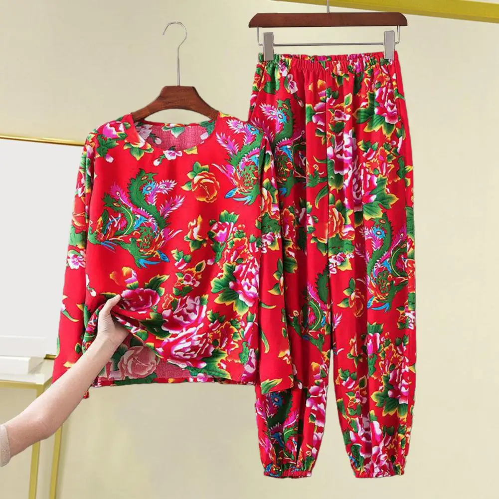 Spring Summer Autumn Outfit Women T-shirt Pants Set Northeast Ethnic Flower Print T-shirt Pants Set for Women Round Neck Long