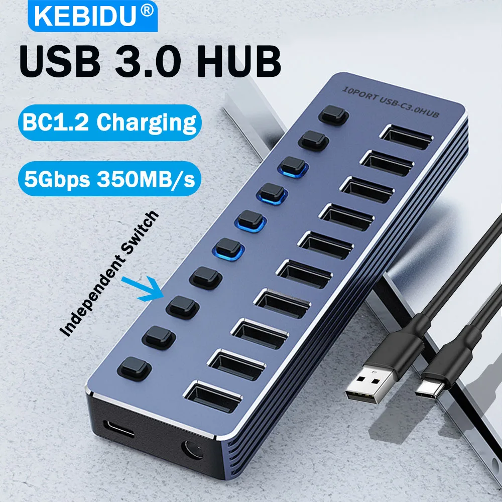 10/7 Port USB HUB USB 3 0 5Gbps Splitter Multiple Extension Dock with Independent Switch 12V Power Adapter for PC Laptop Tablets