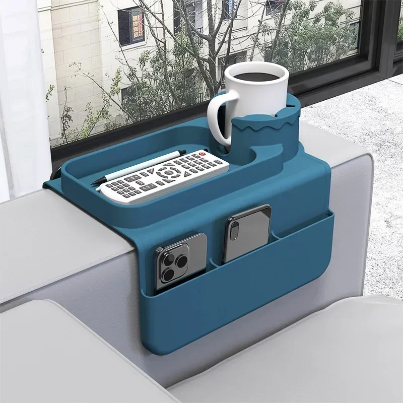 Silicone Couch Cup Holder Tray with Side Pockets Couch Armrest Table Waterproof Couch Arm Caddy for Snack Drinks Spectacles