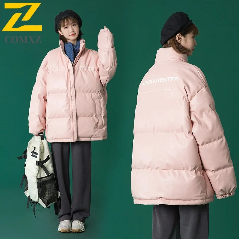 

COMXZ 2025 Faux Leather Cotton Jacket Men Winter Stand Collar Coat Youth Thick Warm Padded Outerwear Trendy Streetwear Casual