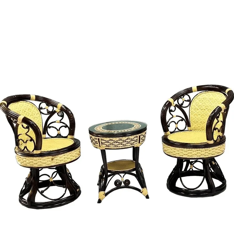 Solid wood natural rattan back chair furniture coffee table three-piece set rotatable leisure chair