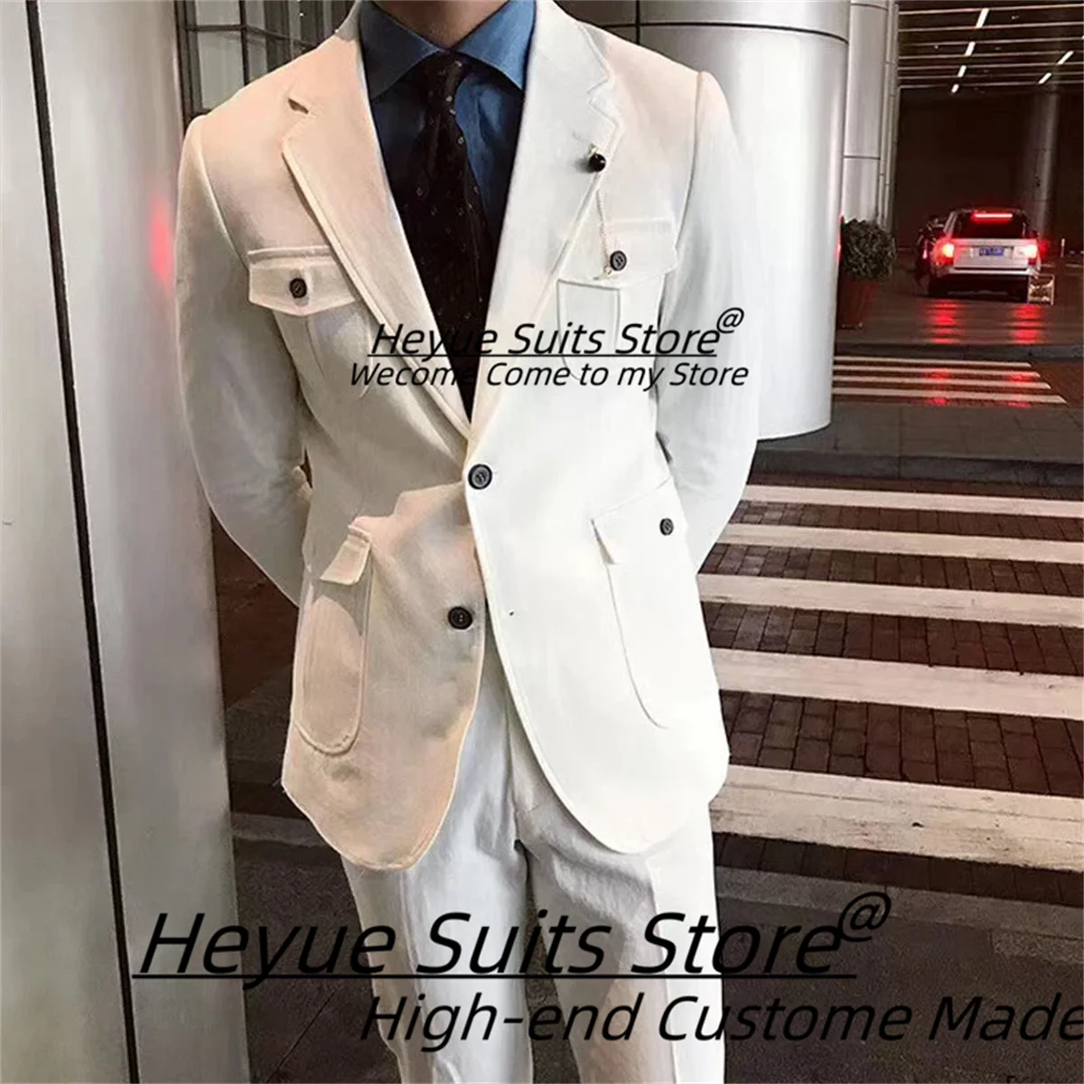 

ivory white Handsome Business Men Suits Customized Slim Fit Notched Lapel Groom Wedding Tuxedos 2 Pieces Sets Male Prom Blazers