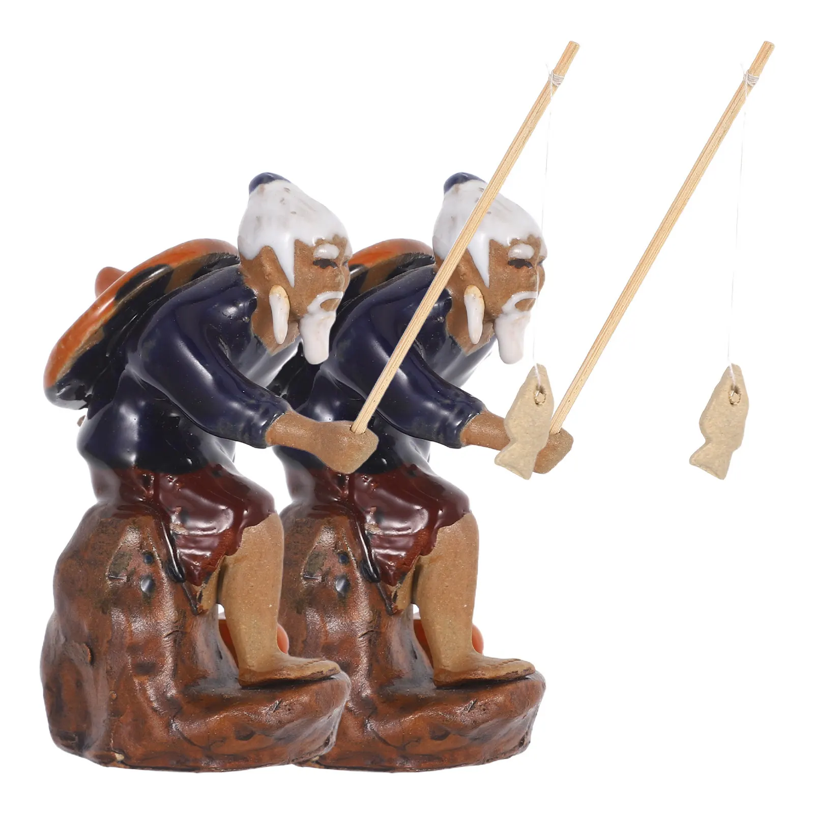 2Pcs Sitting Fisherman Statue Ceramic Micro Landscape Ornament for Desktop Aquarium Zen Garden Bonsai Fairy Garden Sand Table