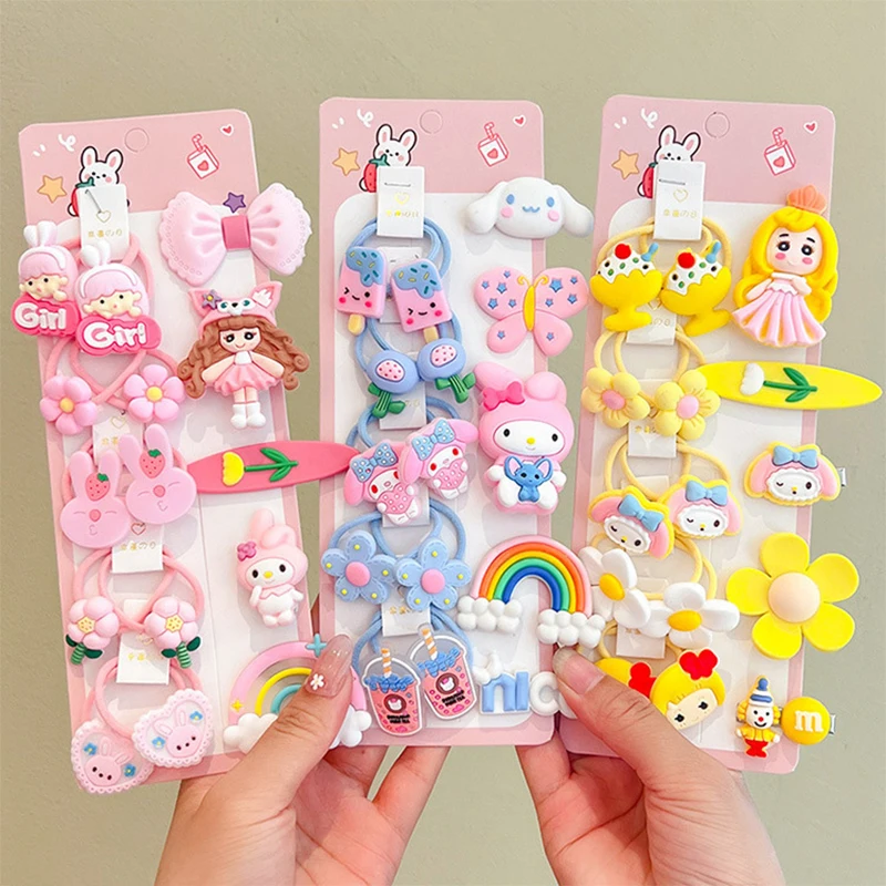 Set, Sanrio Melody Cinnamoroll Cartoon Character Decorative Hair Side Clips Lovely Hair Fringe Clips Trendy Hair Decoration