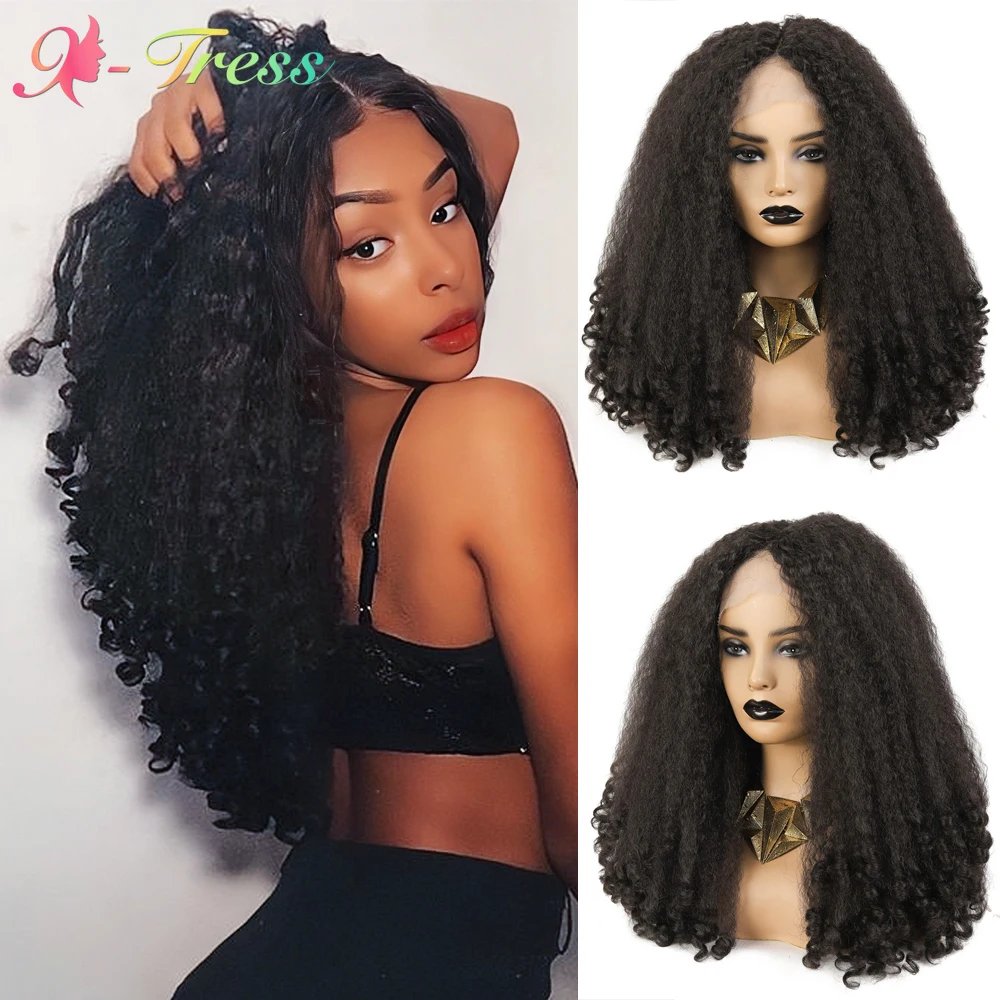 X-TRESS Synthetic Curly Lace Front Wig Dark Brown Fluffy Kinky Straight with Curly Ends T Part Lace Hair Wigs for Black Women