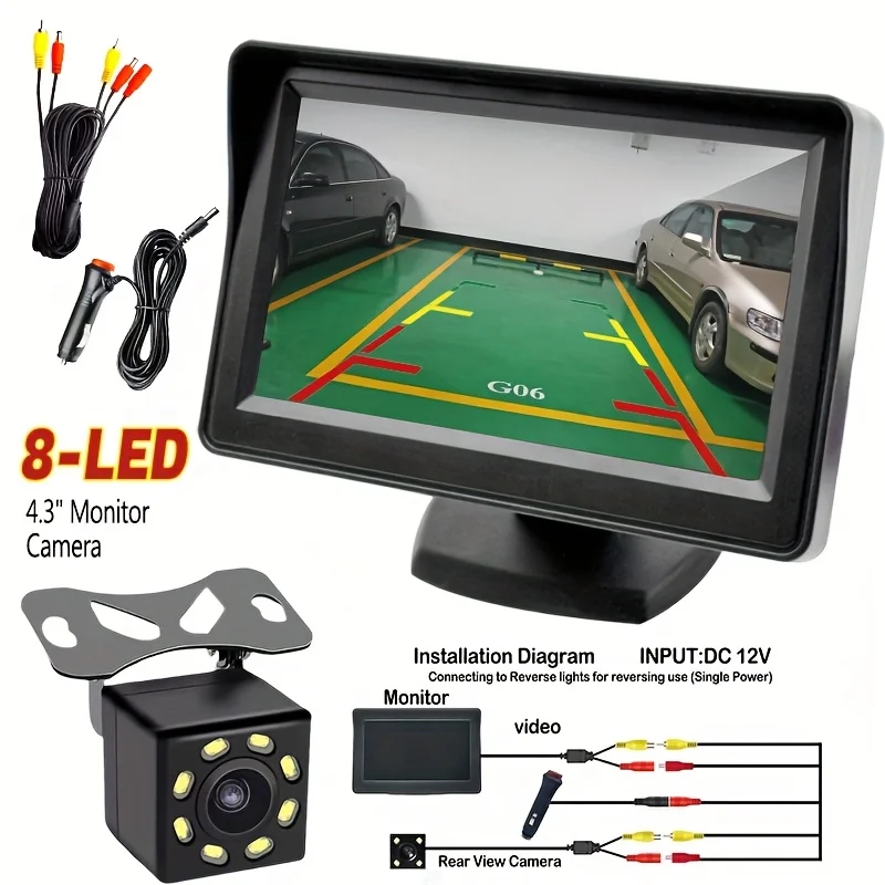 4.3INCH LCD Screen Reversing Camera System, 480P HD Night Vision Function -8-LED Lights for Night Fill Light