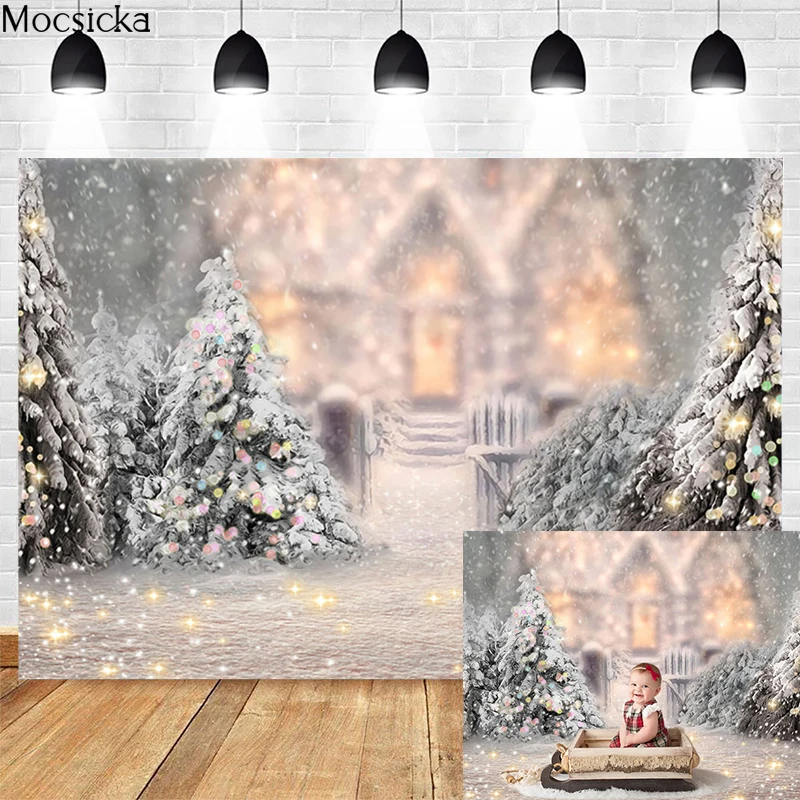 Mocsicka Winter Forest Photo Background Snow Scene Photo Christmas Tree Photography Backdrop Studio Photography Props