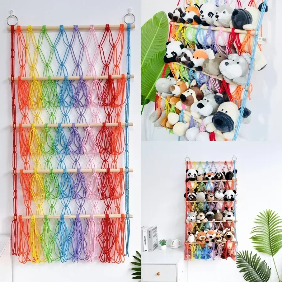 1-4Tier Macrame Stuffed Animal Storage Hammock Wooden Holder Boho Stuffed Storage Organizer Net Racks for Nursery Wall Decor