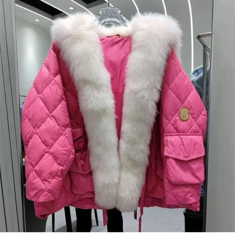 

Women's Imitation Fox Fur Collar Coat, Loose Short Down Jacket, Monochromatic, Thick, Warm, Casual Outwear, Female Fashion