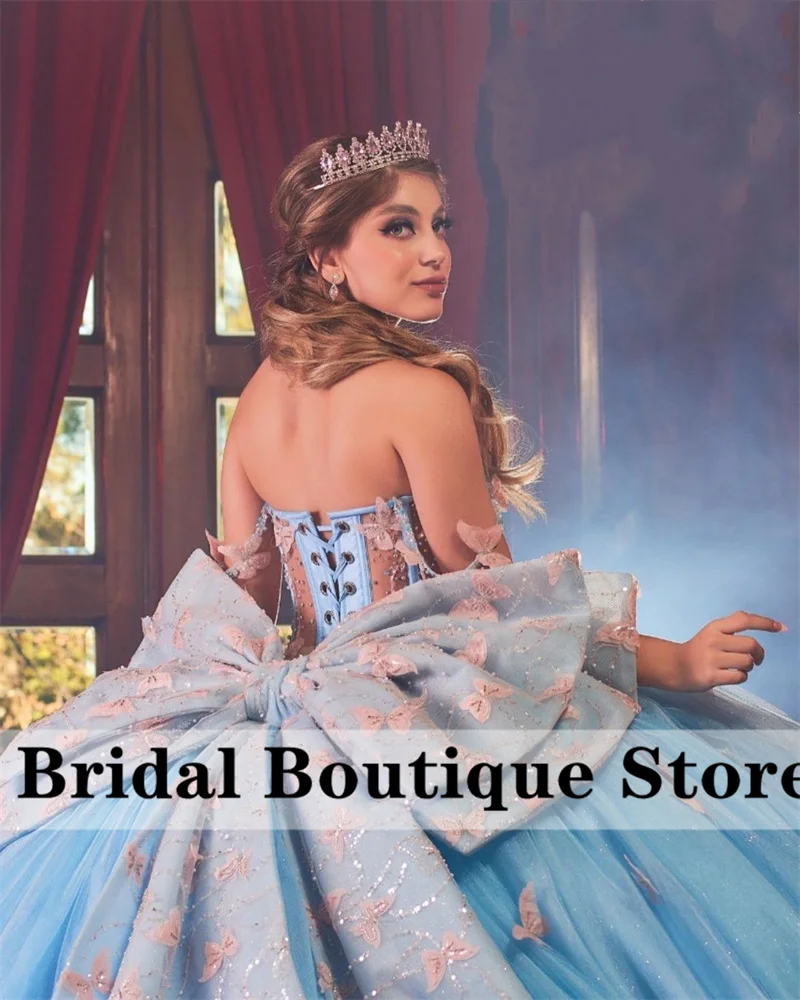 New Arrival Luxury Blue Princess Ball Gown Quinceañera Dresses 2024 Bow Butterfly Appliques Beads Birthday Party For 15th Girls