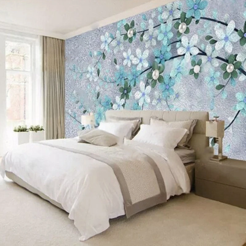 Modern Exquisite Elegant And Grand Oil Painting Hand-Drawn Floral Wallpaper In Pearl Blue For Hotel Decoration And TV Murals