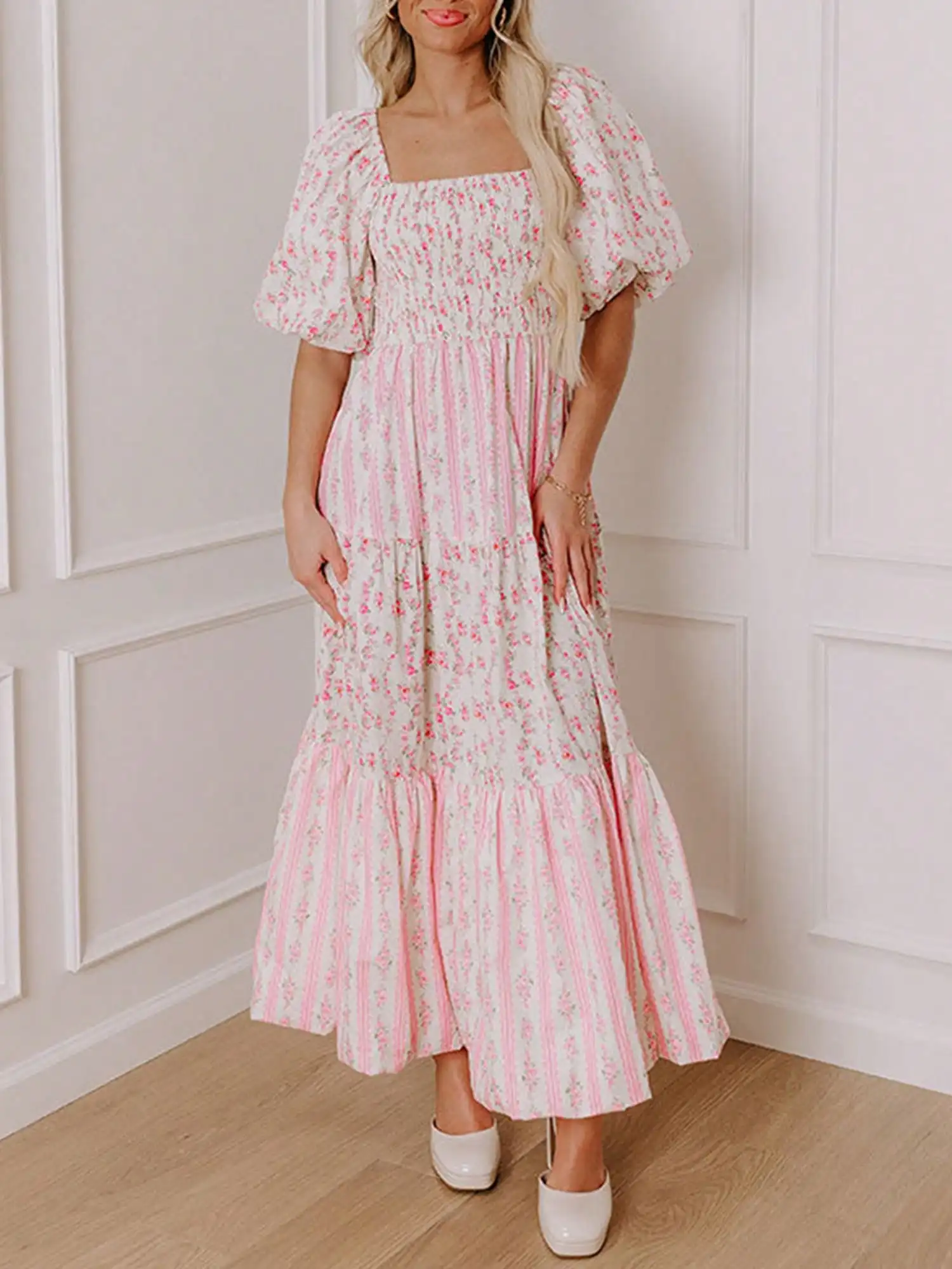 

Women's Floral & Stripe Patchwork Maxi Dress with Bubble Sleeves and Square Neck