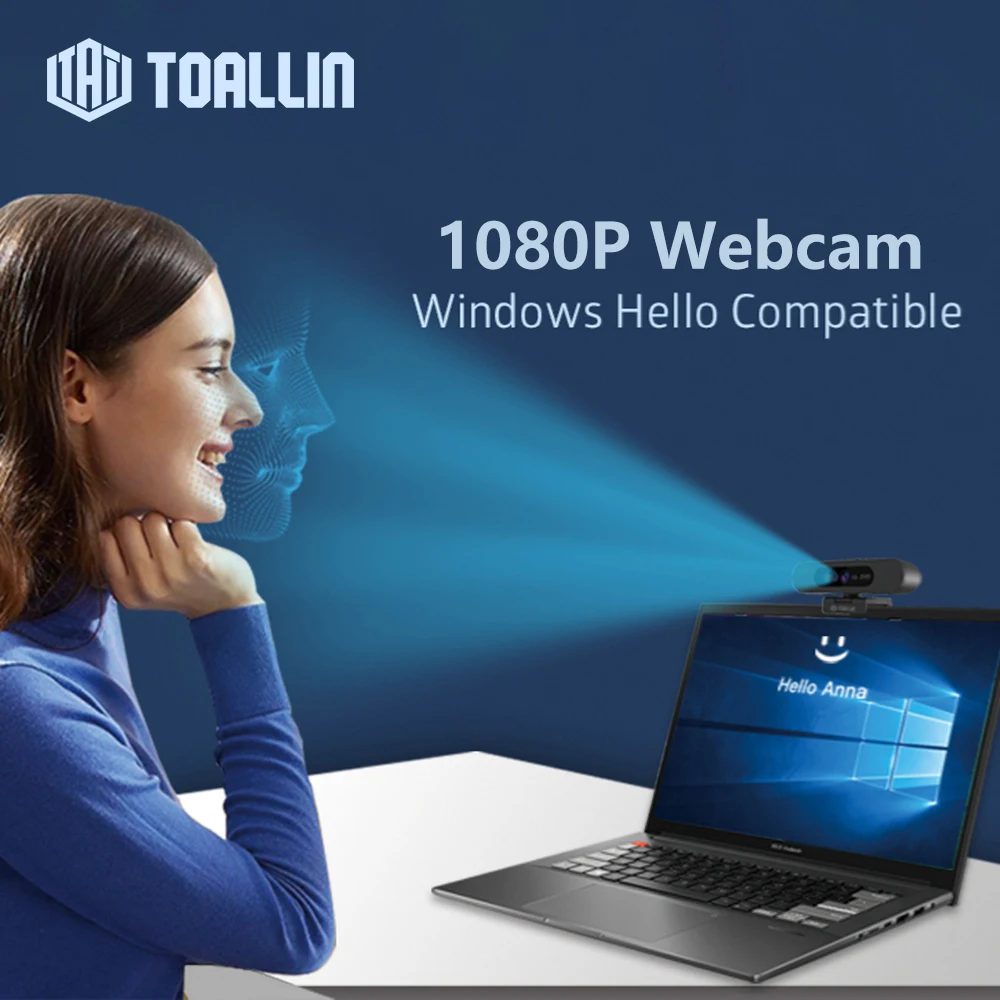 كاميرا ويب TOALLIN 1080P Windows Hello التعرف على الوجه تسجيل الدخول كاميرا الكمبيوتر، مع ميكروفون، كاميرا ويب متدفقة لـ Tiktok/YouTube