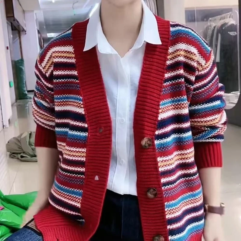 

2025 New Autumn/Winter Knitted Striped Sweater Women Cardigan Coat Fashion V-neck Long Sleeve Christmas Sweater