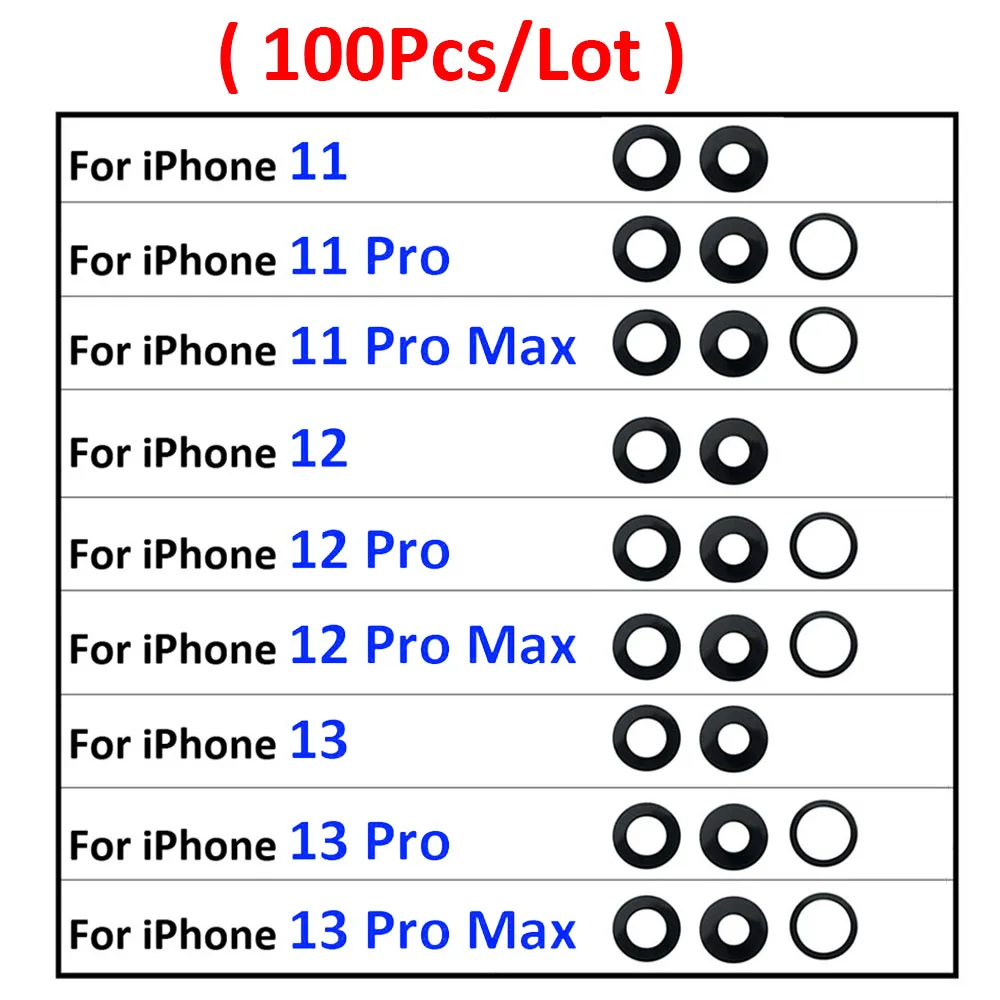 100Pcs/Lot, Back Rear Camera Glass Lens For Iphone 11 12 13 14 Pro Max Plus Mini 11Pro 12Pro 13Pro max With Adhesive