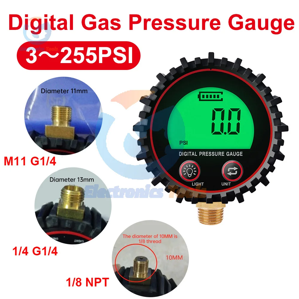 

LED Digital Gas Pressure Gauge with M11 1/4 1/8NPT Screw Thread Connector Barometer Air Pressure Tester For Car Truck 3-255PSI