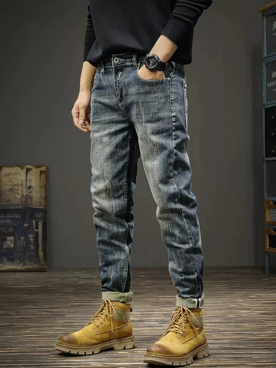 Vintage Fashion Men Jeans Retro Blue Stretch Slim Fit Ripped Jeans Men Classical Trousers Elastic Casual Designer Pants Hombre