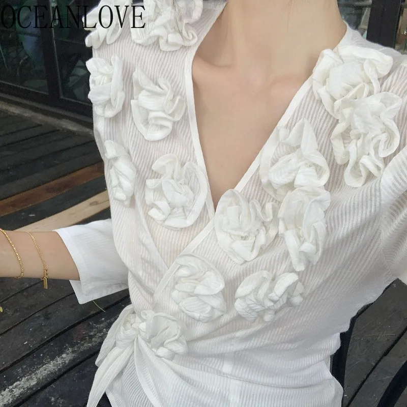 

OCEANLOVE Bandage Shirts&blouses Women Tops Solid Flowers Spring Autumn Blusas Mujer Korean Fashion V Neck Retro Camisas