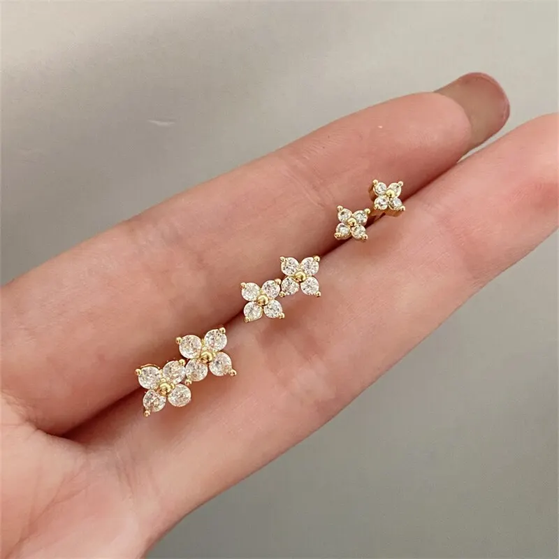 Exquisite Small Round Cubic Zirconia Flower Shape Stud Gold Color Earring for Women Simple Party Wedding Fashion Jewelry