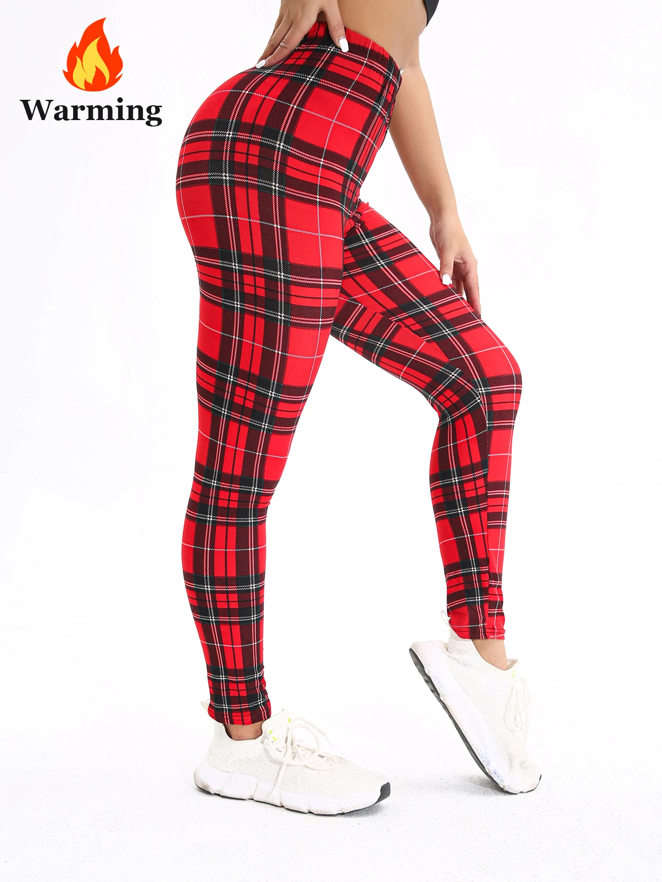 Otoño Invierno 1 paquete de mallas ajustadas sexis gruesas de felpa a cuadros rojos para mujer pantalones deportivos informales elegantes para Fitness y Yoga