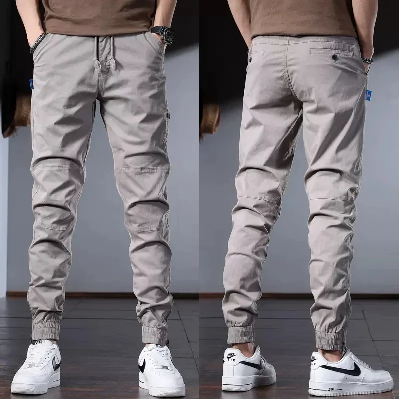 Men's Gray Cotton Casual Pants Korean Style Streetwear Slim Fit Stretch Drawstring Trousers CP2233