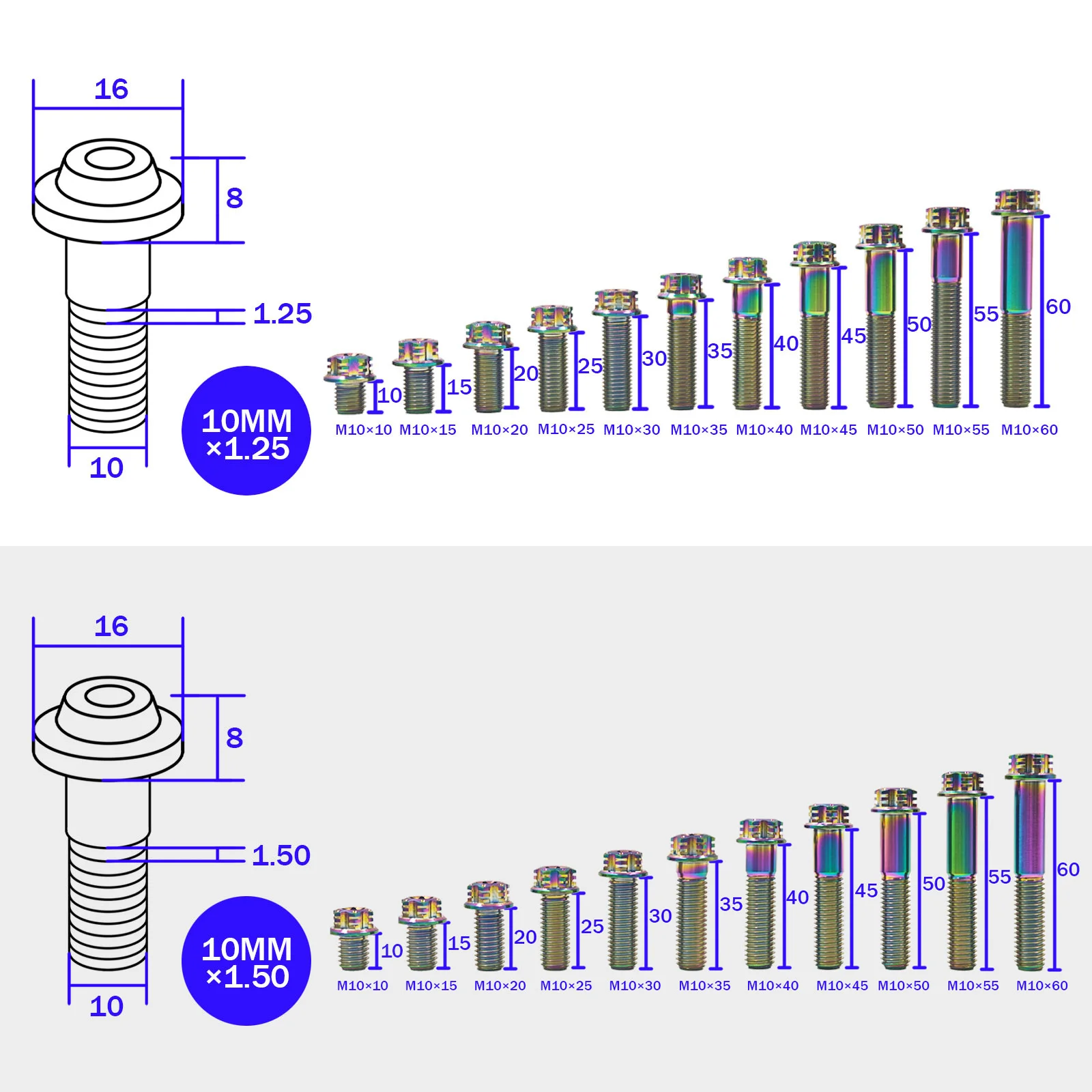 M10 Titanium Flange Bolts Pitch 1.25 1.5 GR5 Ti-6Al-4V for Motorcycle MTB Bicycle Caliper E-Bike Lightweight Rustproof