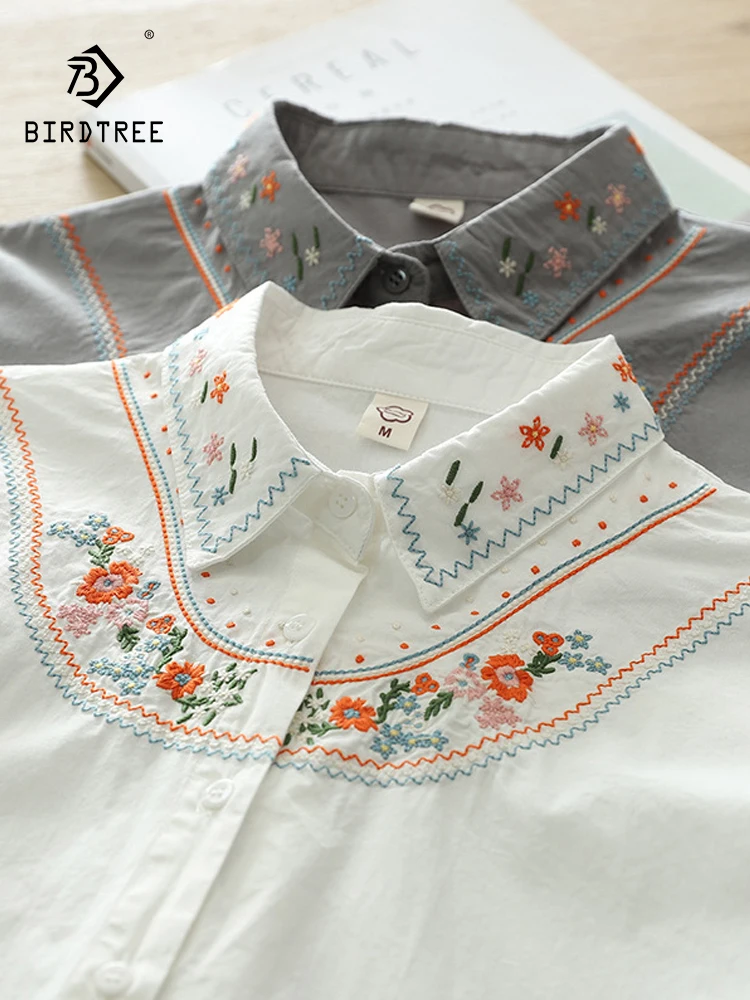 

New 2026 Spring Women Cotton Long Sleeve Shirt, Turn-down Collar Embroidery, Mori Girl Age Reduction Chic Loose Blouse T63324CC