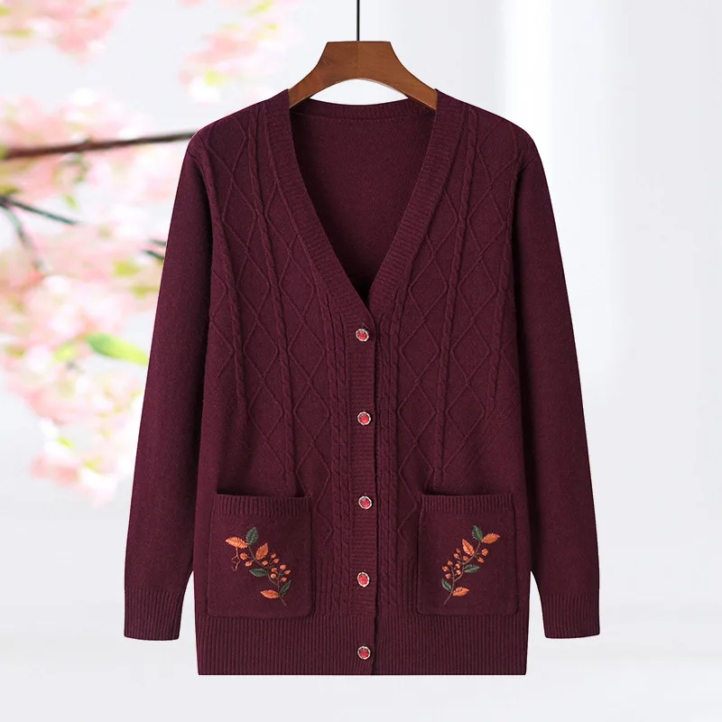 Vintage Women\'s Autumn Winter V Neck Long Sleeve Cardigan Sweater Knitted Coats Fashion Casual Tops Middle Aged Mother Jacket