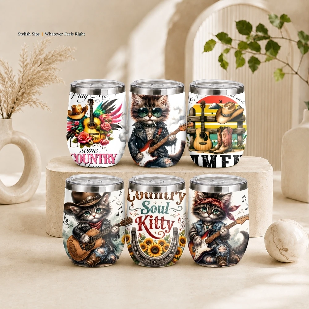 Country Music Cat Vacuum Flasks 12oz Insulated Wine Tumbler Vacuum Coffee Mug Egg Shape Thermos Cup