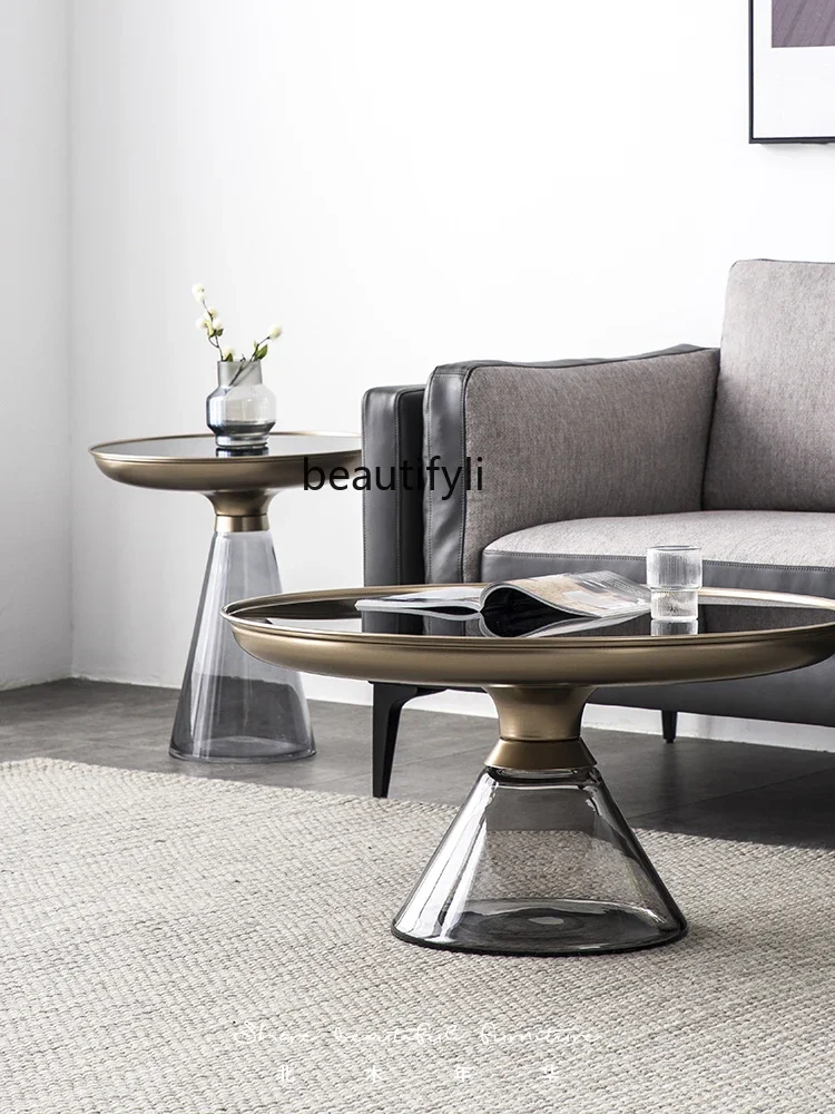 

Light Luxury Glass Coffee Table Nordic round Metal Side Table Designer Transparent Corner Table Combination