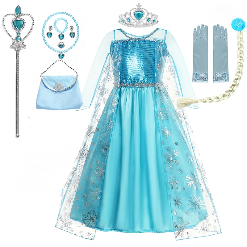 Elsa Dress for Girls Elsa Mesh Long Dress Costume Children Kids Carnival Snow Queen Cosplay Dress Purim Birthday Party Ball Gown