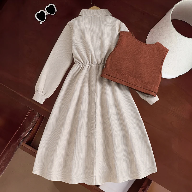 New Autumn 2PCS Kids Clothing Brown Vest & Beige Turn Down Collar Long Sleeve A-Line Dress For Girls 8-12 Years Korean Style