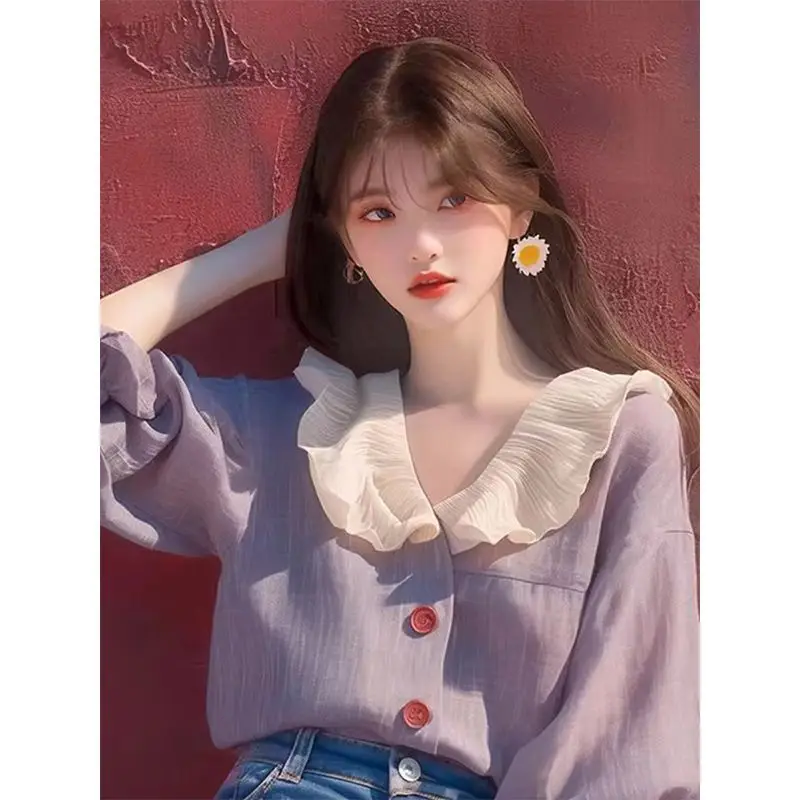 

Temperament Contrast Patchwork Blouse Long Sleeve All-match Button Korean Shirt Tops Spring New Fashion Sweet Women Clothing