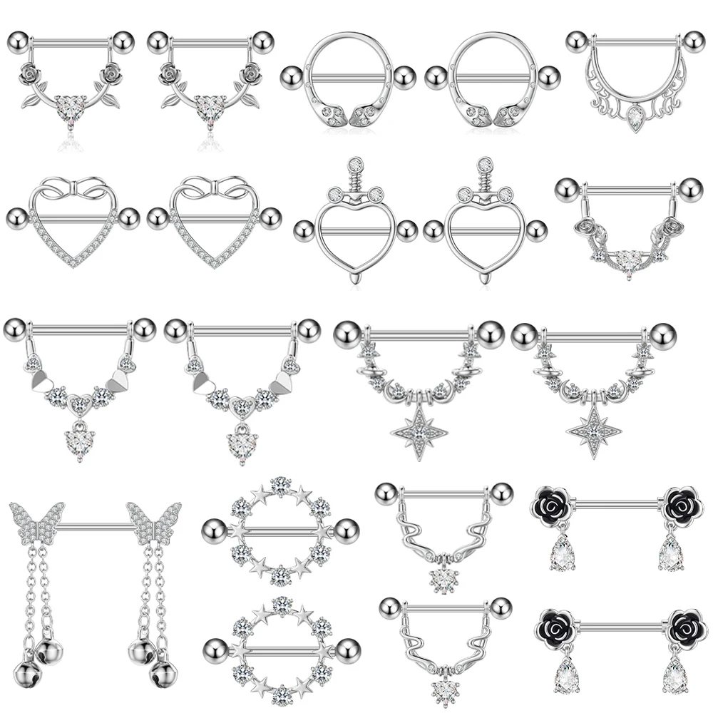 2pcs Lettering Heart Dangled Nipple Piercings Shield Barbell for Women Nipple Rings 14G Stainless Steel U-shaped Nipple Cover