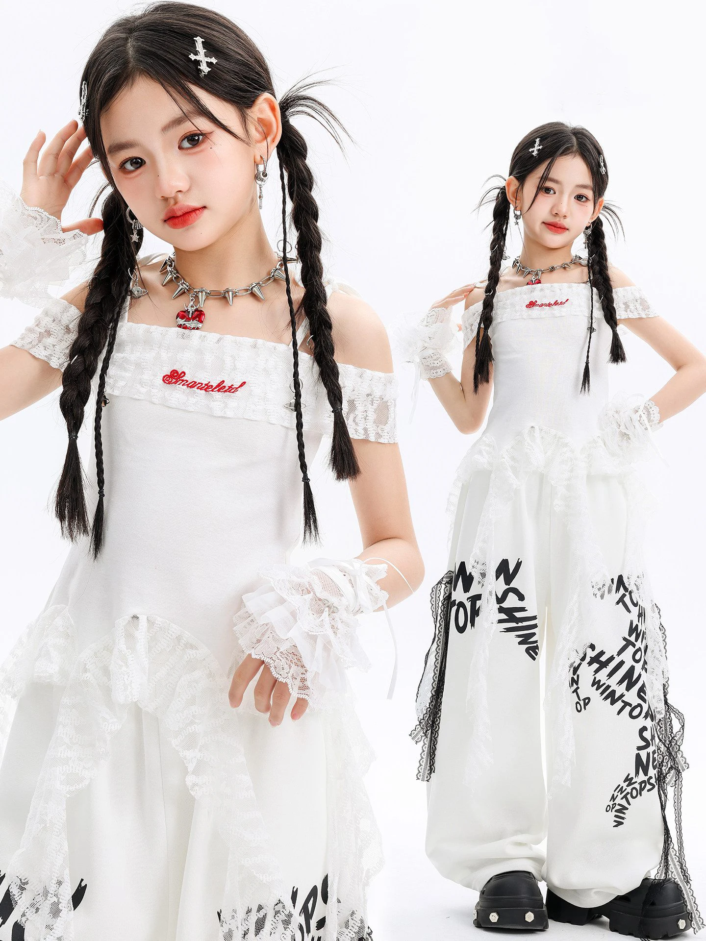 

Летняя одежда в стиле хип-хоп для девочек, белые кружевные топы для джазовых танцев, брюки, наряды для подиума, детский костюм для выступлений в стиле K-pop BL18714
