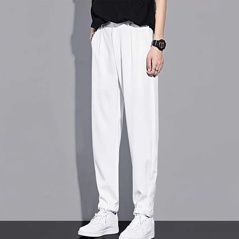 2023 Men's Clothing Pockets Spring Summer Solid Color Button Straight High Waist Loose Capable Handsome Temperament Casual Pants