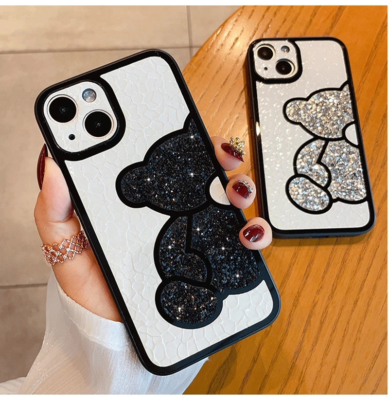 Luxury Cute Bear Glitter Phone Case For iPhone 14 13 12 11 Pro Max X XR XS Max Cortex Bumper Shockproof Cases Cover