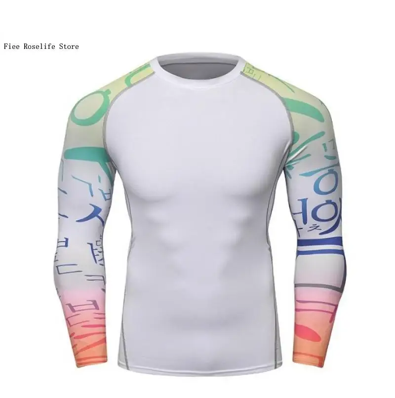 Fitness Moisture Absorption and Breathable Printed Tight Compression Running Long Sleeved T-Shirt Men