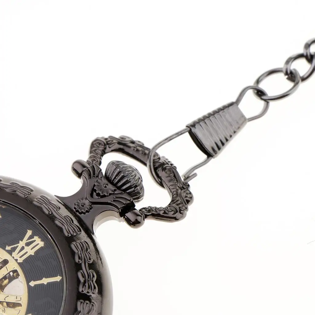 Steampunk Black Mechanical Skeleton Pocket Watch Hand Winding Necklace Watch