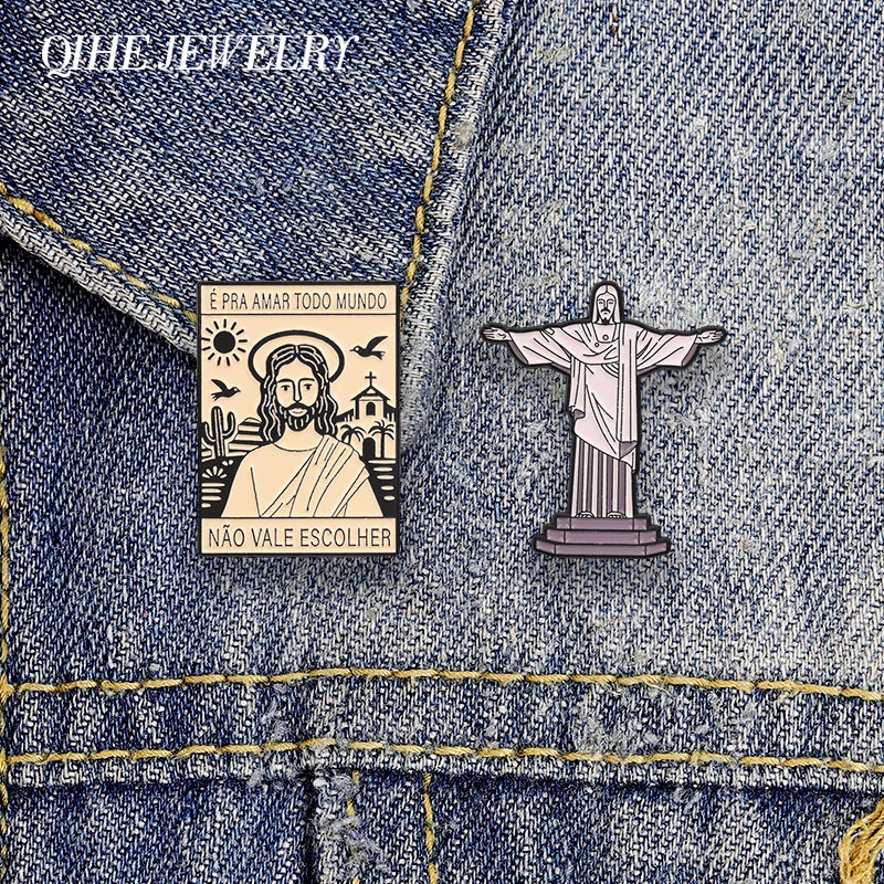 Brazil Rio Christ The Redeemer Statue Enamel Pin Religious Belief Jesus With Portuguese Inspirational Quote Brooch Jewelry Badge
