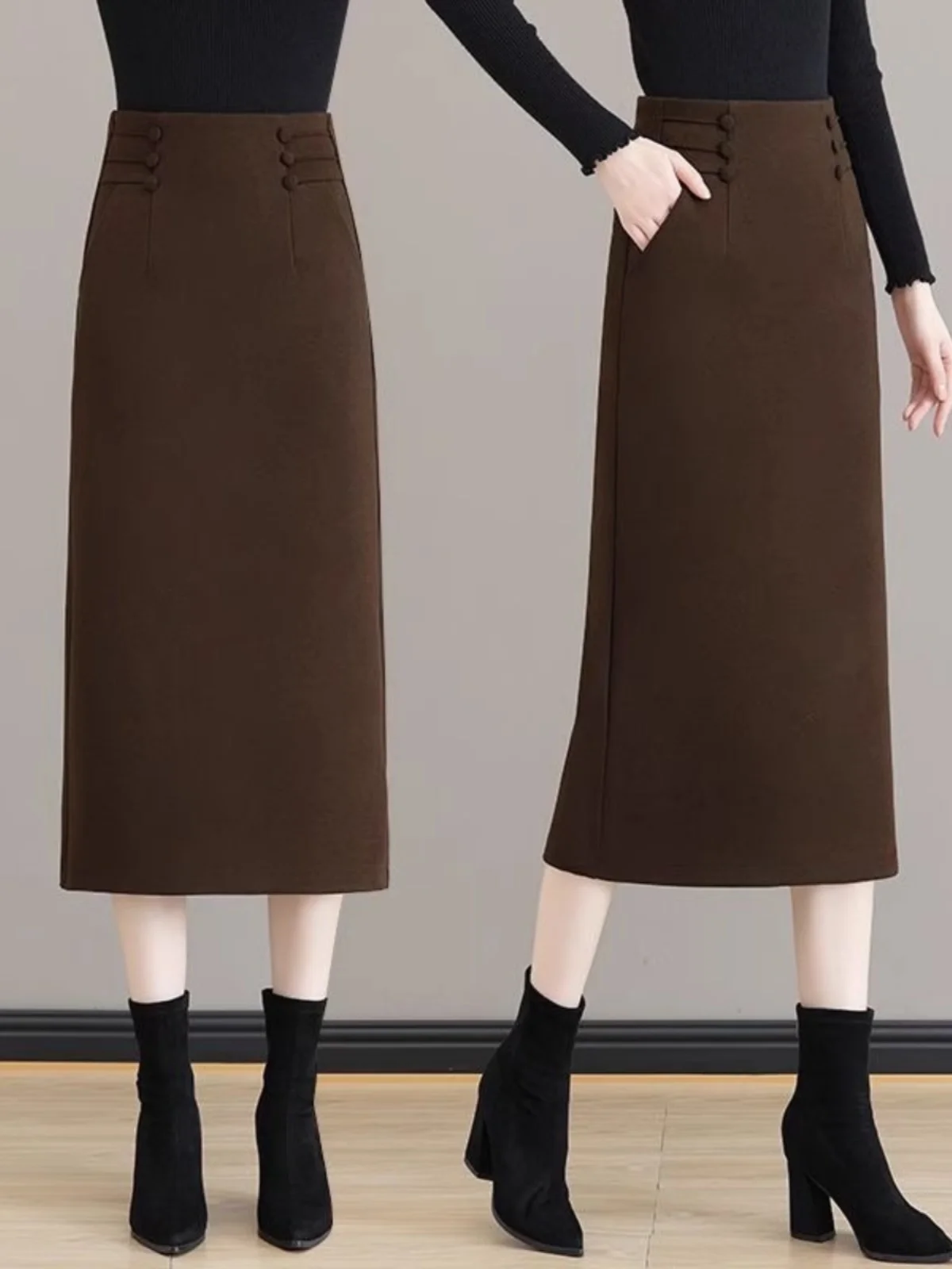 Elegant High Waist A-Line  Skirt for Women Winter 2024 Commute Style Floor Length Woolen Asymmetrical Hem Skirts