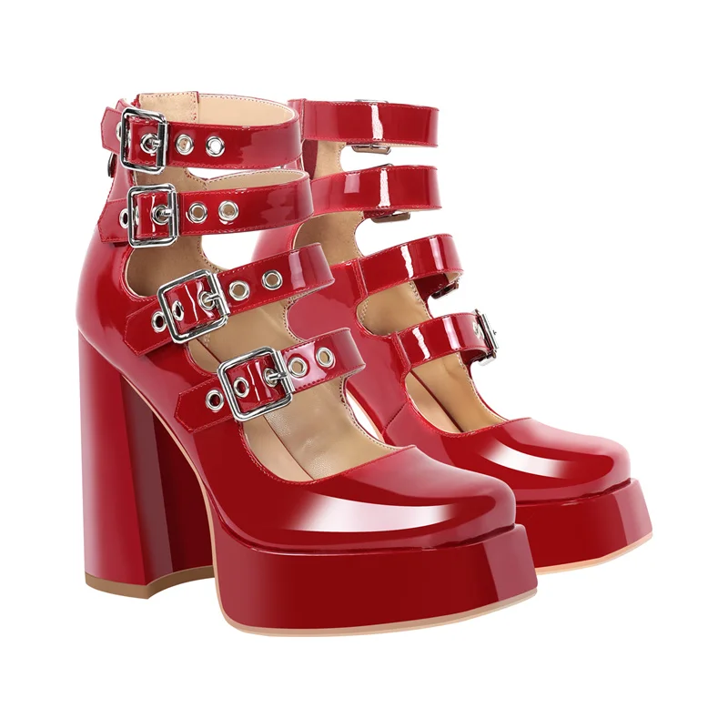 Onlymaker Women Red Gladiator Buckle Platform Pumps Block Heel Fashion Gothic Elegant Punk Shoes