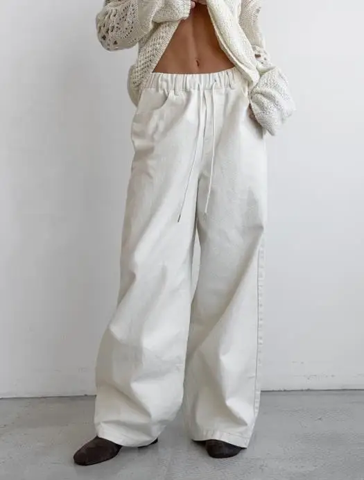 

Fashionable Casual Straight Leg Pants, White Loose Lace Up Mid Waist Wide Leg Pants, Summer Women's Casual Straight Leg Pants