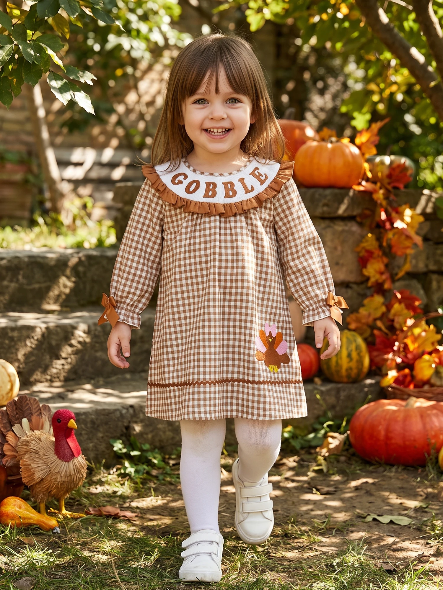 Girl A Line Turkey-Embroidery Turkey Girl Thanksgiving Plaid Line Thanksgiving-Plaid-Dress High Quality