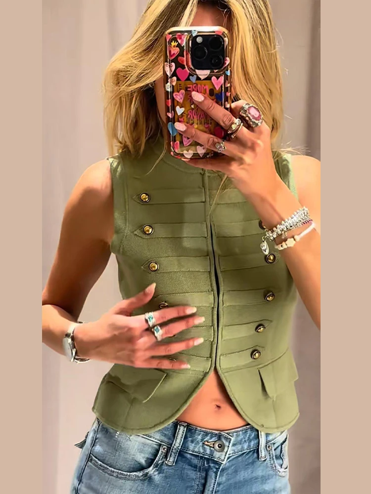 

Vintage Women's Knitted Napoleon Vest Slim O-neck Sleeveless Hidden Buckle Green Waistcoat New 2026 Spring Summer Lady Outwear
